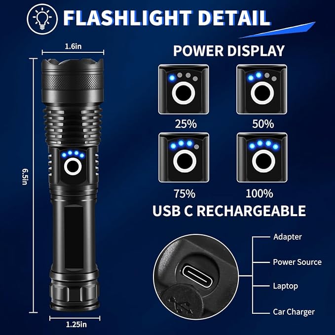 Linterna Táctica Titanium™️ -  LED recargable, de 15000 lúmenes con 5 modos, con zoom IP68, para acampar, senderismo al aire libre con largo alcance de 3000 metros