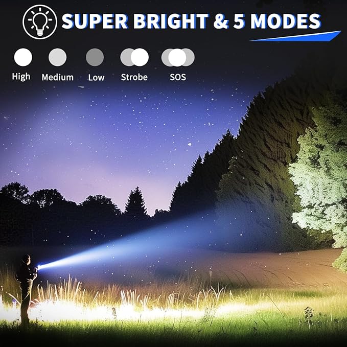 Linterna Táctica Titanium™️ -  LED recargable, de 15000 lúmenes con 5 modos, con zoom IP68, para acampar, senderismo al aire libre con largo alcance de 3000 metros
